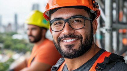 Fototapeta premium Cheerful construction worker wearing orange hardhat and safety gear holding toolbox and smiling on a busy building site with construction equipment and materials in the background