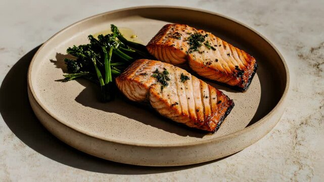 Two grilled salmon fillets garnished with herbs, served with fresh green broccolini on a beige ceramic plate, placed on a marble surface concept of healthy eating, gourmet dining, seafood dish