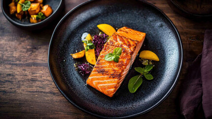 A perfectly grilled salmon fillet served on a black plate with fresh herbs, roasted vegetables, on a rustic table with ample copyspace concept of food advertisement, restaurant menu, healthy dining