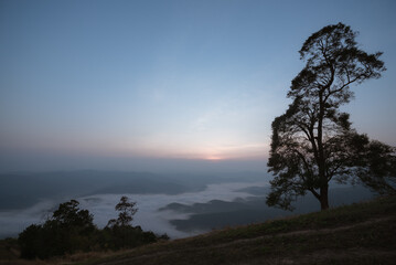 A viewpoint on a high mountain peak with morning fog. © Supat