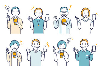 スマホを持って明るい表情をする高齢者のイラストセット
