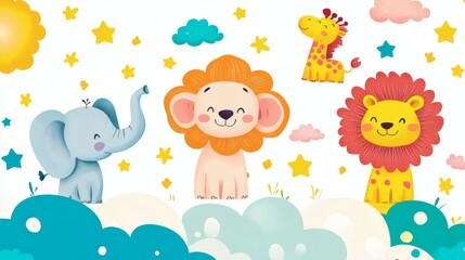 Cute Cartoon Animals with Clouds and Stars for Children's Illustration