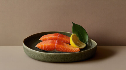 Fresh raw salmon fillets neatly arranged on a green ceramic plate, accompanied by a lemon wedge and a green leaf, concept of seafood preparation, healthy meal, culinary copy space place for text 