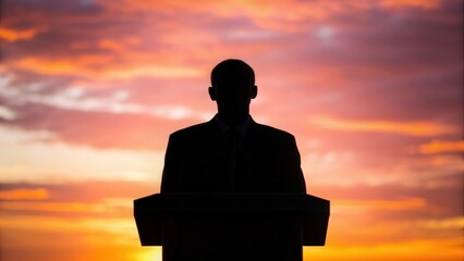 Fototapeta premium Public Policy concept. Silhouette of a speaker against a vibrant sunset backdrop.