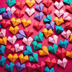 Obraz premium Colorful origami hearts arranged on a pink surface