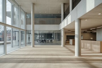 Modern spacious office interior with large windows, concrete columns, and wooden flooring.