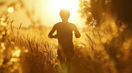 Running Through Wheat: Against the backdrop of a sunlit sky, a person’s silhouette sprints through a field of tall, waving wheat, embodying energy and connection with nature.
