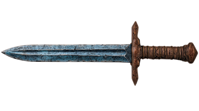 Antique Sword: A weathered antique sword, exuding history and craftsmanship, resting horizontally, capturing its intricate details, hinting at tales of valor and ancient conflicts.