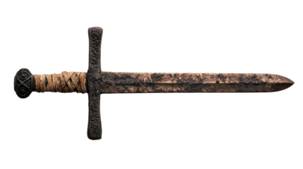 The sword of Antiquity: An ancient sword, crafted from weathered metal, rests gracefully against a neutral backdrop, displaying its robust design and intricate craftsmanship