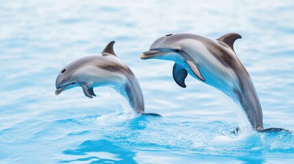 Obraz premium Two dolphins leaping out of water