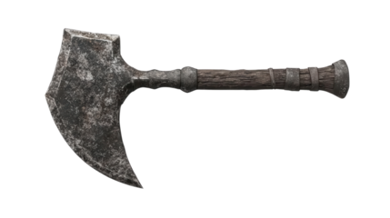 Ancient Battle Axe: A weathered, vintage battle axe, with its imposing metallic head and wooden handle. It stands as a symbol of strength and history. 