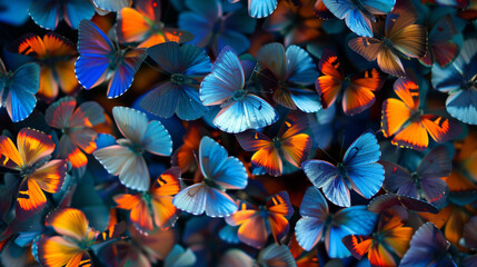 Colors of rainbow. Pattern of multicolored butterflies morpho, texture background.
