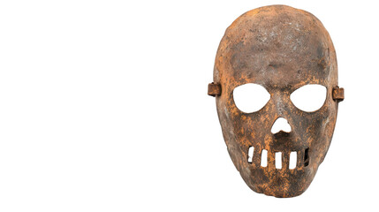 Sinister Skull Mask: An aged and weathered skull mask with a frightening and weathered texture, creating an atmosphere of unease and mystery, suggesting a tale of history, rebellion, or horror.