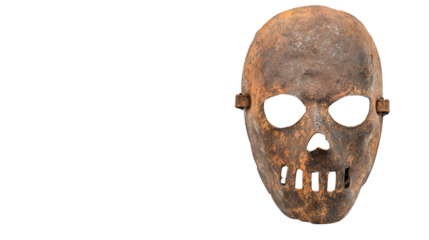 Sinister Skull Mask: An aged and weathered skull mask with a frightening and weathered texture, creating an atmosphere of unease and mystery, suggesting a tale of history, rebellion, or horror.