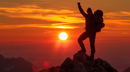 Fototapeta premium Hiker at the Peak: On the mountaintop, a hiker stands silhouetted against the stunning sunset, a moment of triumph as they gaze over the vast, beautiful landscape. 
