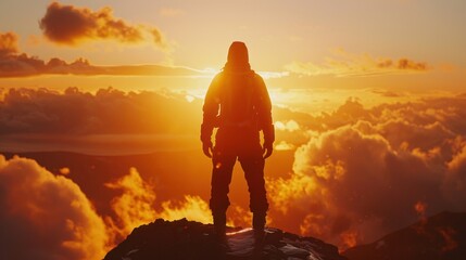 Obraz premium Hiker at the Peak: A solo hiker stands proudly at the peak, their silhouette outlined by the fiery sunset, embodying the triumph of reaching the top after a long journey. 