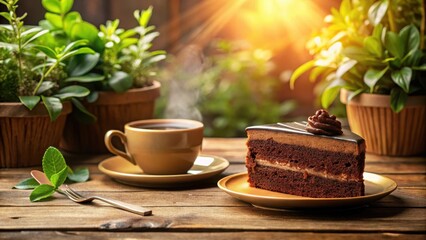 A delightful chocolate cake slice, elegantly presented on a gold plate, accompanied by a steaming cup of coffee, rests on a rustic wooden table amidst lush greenery.