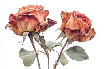 Two dried roses with green leaves on stems against a white background