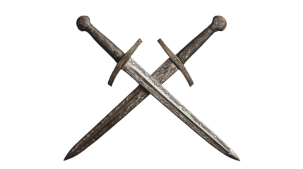 Crossed Swords: A dramatic overhead shot showcasing two crossed swords. The swords, with their detailed textures and aged appearance, signify a battle, strength, and a long-lost era of bravery.