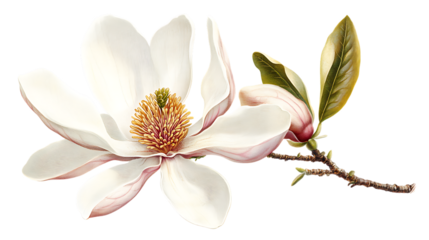 Botanical illustration-style magnolia, cross-section view showing pistil, stamen, and veined petals, white background