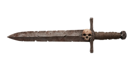 Ancient Sword: A close-up shot of a weathered sword with a skull emblem, showcasing the details of the blade, handle and crossguard, a symbol of past battles and hidden tales. 