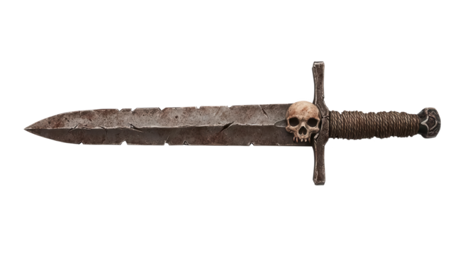 Ancient Sword: A close-up shot of a weathered sword with a skull emblem, showcasing the details of the blade, handle and crossguard, a symbol of past battles and hidden tales. 