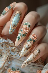 Fototapeta premium Celebration of Nail Day: intricate manicure, three-dimensional artwork, elegant style, decorative frame, polished finish, creative expression, luxurious design, artistic touch, trendy fashion.