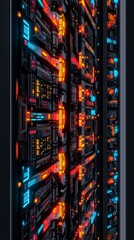 Naklejka premium A futuristic server rack illuminated with vibrant lights, showcasing advanced technology and complex data processing capabilities.