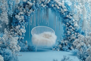 A decorative floral arch frames a cozy chair with fluffy white fur