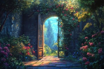 A Lush Garden Archway Leading Into a Sunny Scenic Landscape