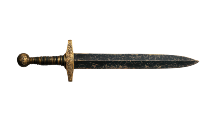 Ancient Sword: A close-up shot reveals a detailed view of an antique sword with a dark blade, set against a plain background. 