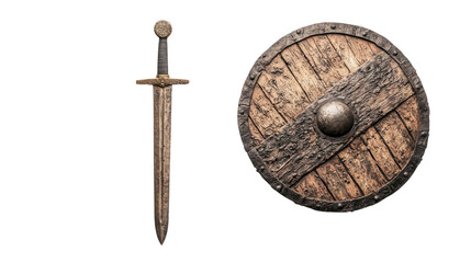 Ancient Armor: Sword and Shield: A detailed depiction of a historically accurate sword and shield, weathered and bearing the marks of age and combat, evokes tales of bygone eras.