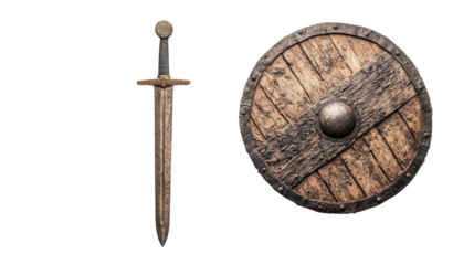 Ancient Armor: Sword and Shield: A detailed depiction of a historically accurate sword and shield, weathered and bearing the marks of age and combat, evokes tales of bygone eras.