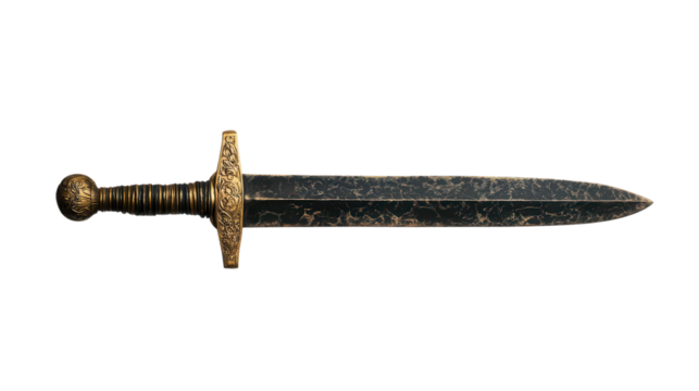 Ancient Sword: A close-up shot reveals a detailed view of an antique sword with a dark blade, set against a plain background. 