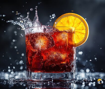Refreshing cocktail with ice and orange slice creating splashes of water against a dark background