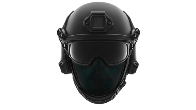 Tactical Helmet: A close-up, isolated shot features a sleek, black tactical helmet, symbolizing protection, security, and preparedness. 