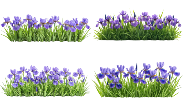 Four Floral Borders of Iris Flowers with Green Grass on Transparent