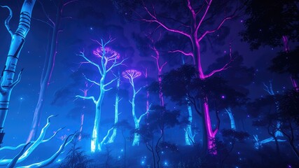 Obraz premium Cyberpunk forest, neon light forest, AI technology images, Future technology