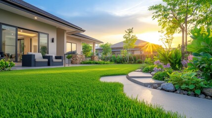 Fototapeta premium Elegant backyard retreat with a beautifully landscaped garden inviting patio furniture and a breathtaking sunset view