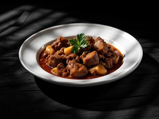 A captivating black and white photograph showcasing a hearty plate of noodles topped with tender beef and vegetables.