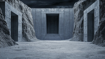 Futuristic concrete structure built into rocky cliffs under a dark dramatic sky, evoking mystery and isolation.