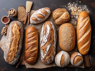 Assorted Breads Display Freshly Baked with Grains and Rustic Charm