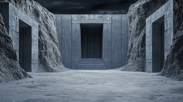 Futuristic concrete structure built into rocky cliffs under a dark dramatic sky, evoking mystery and isolation.