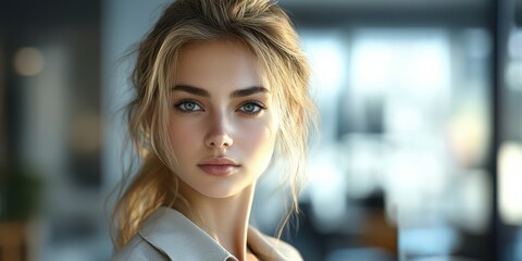 Young woman poses confidently in bright indoor setting, showcasing a natural beauty with soft lighting