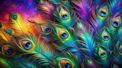 Vibrant plumage, iridescent feathers, a close-up display of peacock tail feathers, showcasing nature's artistry in vivid colors and intricate detail.