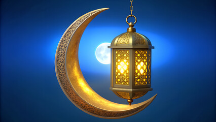 Obraz premium Ramadan Kareem Illustration Featuring Elegant Crescent and Lantern with Full Moon Background. Created with Generative AI technology.