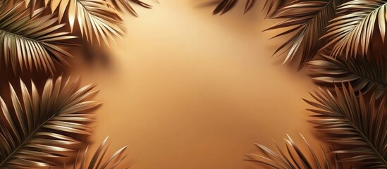 Obraz premium Golden palm leaves frame, brown background, product placement