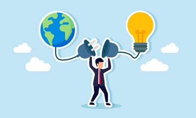 A businessman prepares to connect a power plug linked to a globe and a lit lamp, illustration of connectivity between business market coverage and creative ideas and innovation