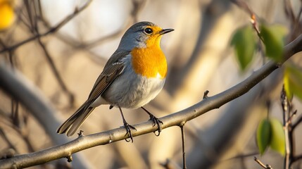 Obraz premium European Robin perched on a branch in sunlight.