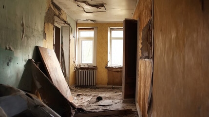 Obraz premium Abandoned room with peeling walls, broken windows, and debris scattered on floor, evoking sense of neglect and decay. atmosphere is heavy with remnants of once lived space